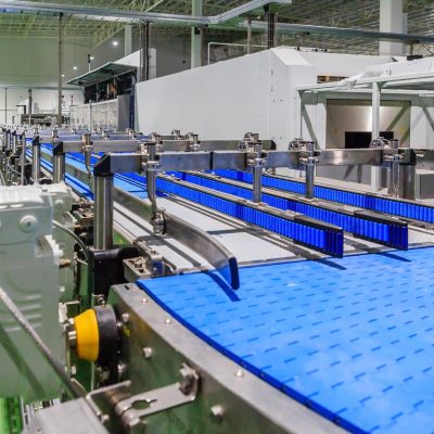 Empty conveyor belt of production line, part of industrial equipment